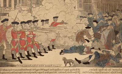 Colored drawing depicting the King Street massacre; a group of British 士兵 wearing red coats (right) face off against an unruly crowd an unruly crowd (left) wearing blue coats